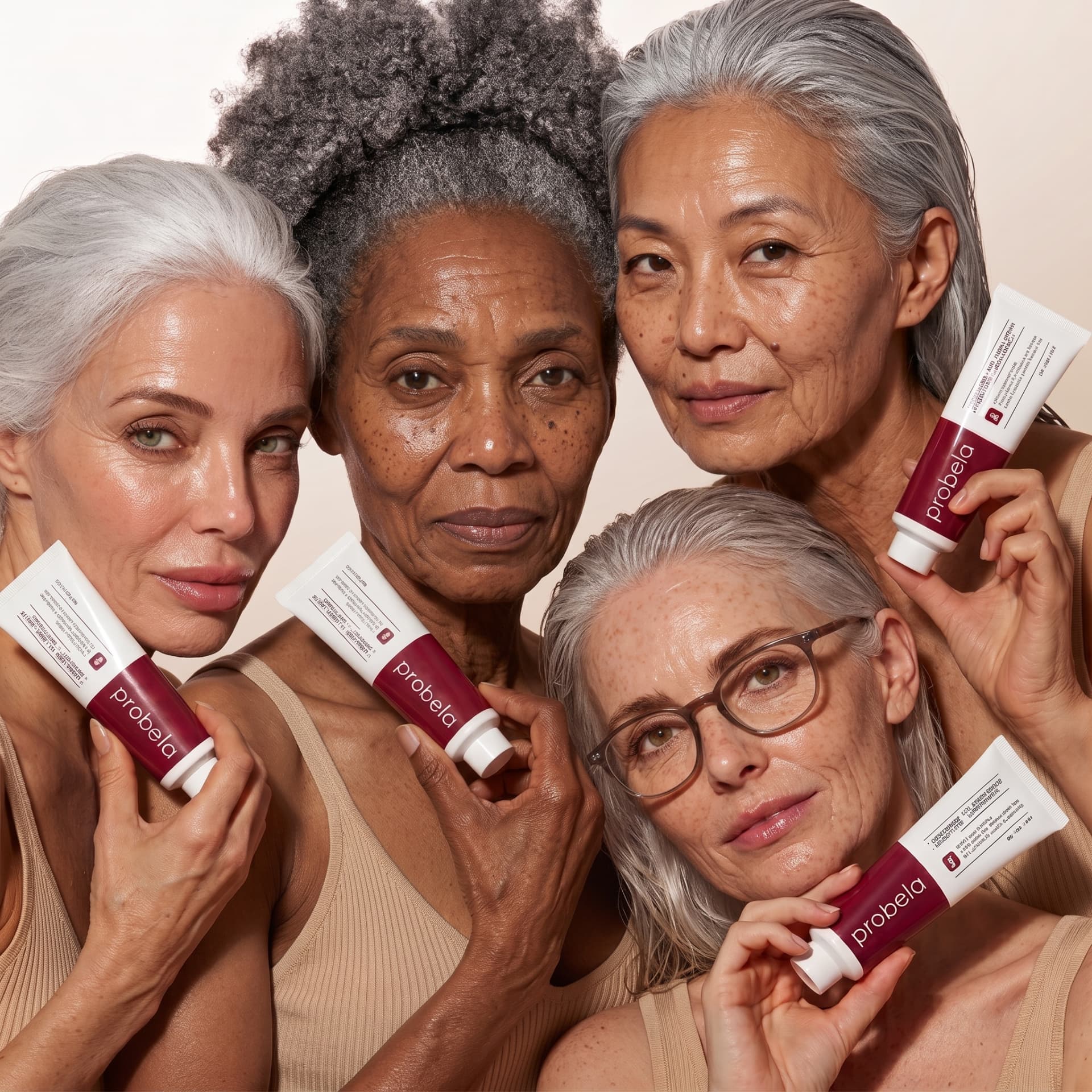 Quatro mulheres de diferentes gerações e origens a segurar a bisnaga PROBELA Real Collagen Fit Mask