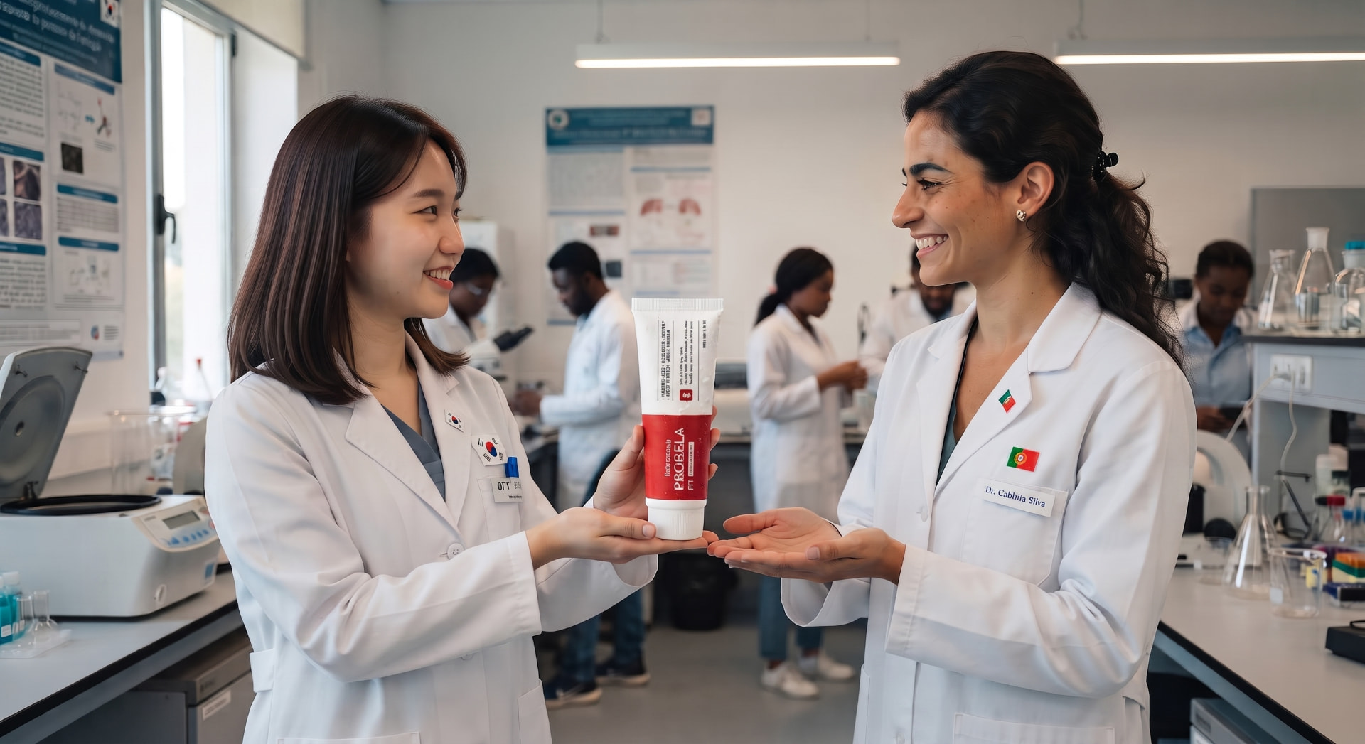 Investigadora coreana a entregar a PROBELA Real Collagen Fit Mask a uma dermatologista portuguesa em laboratório