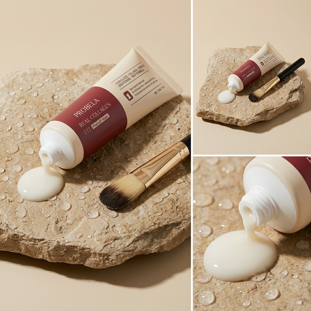 PROBELA Real Collagen Fit Mask com pincel sobre pedra natural e gotas de água