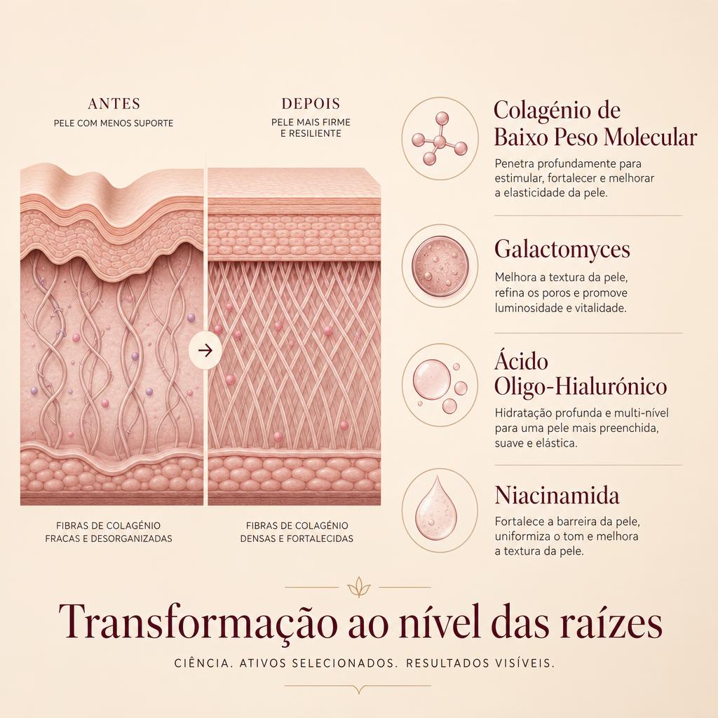 Infografia da fórmula PROBELA: colagénio de baixo peso molecular, galactomyces, ácido oligo-hialurónico e niacinamida