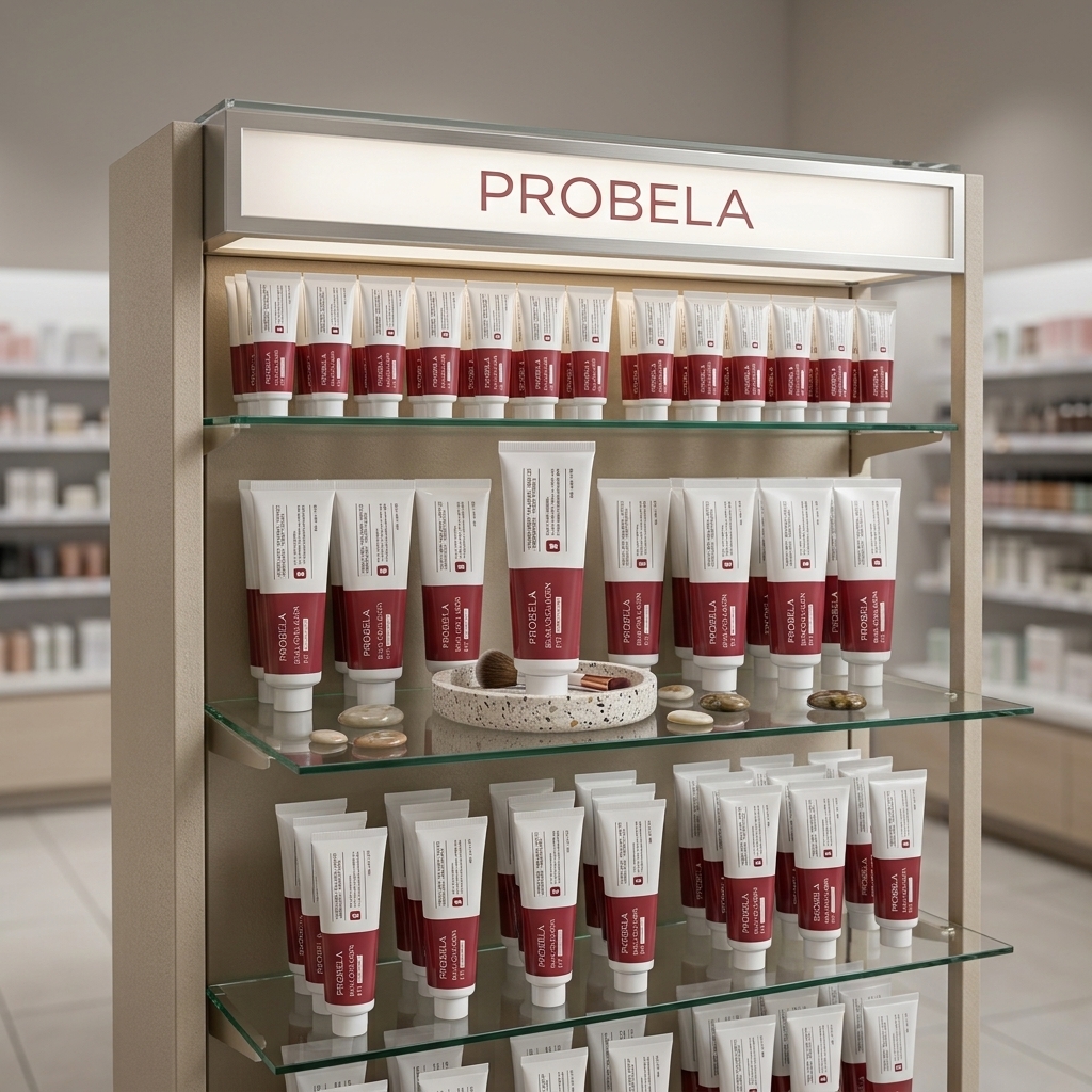Expositor PROBELA em loja com bisnagas Real Collagen Fit