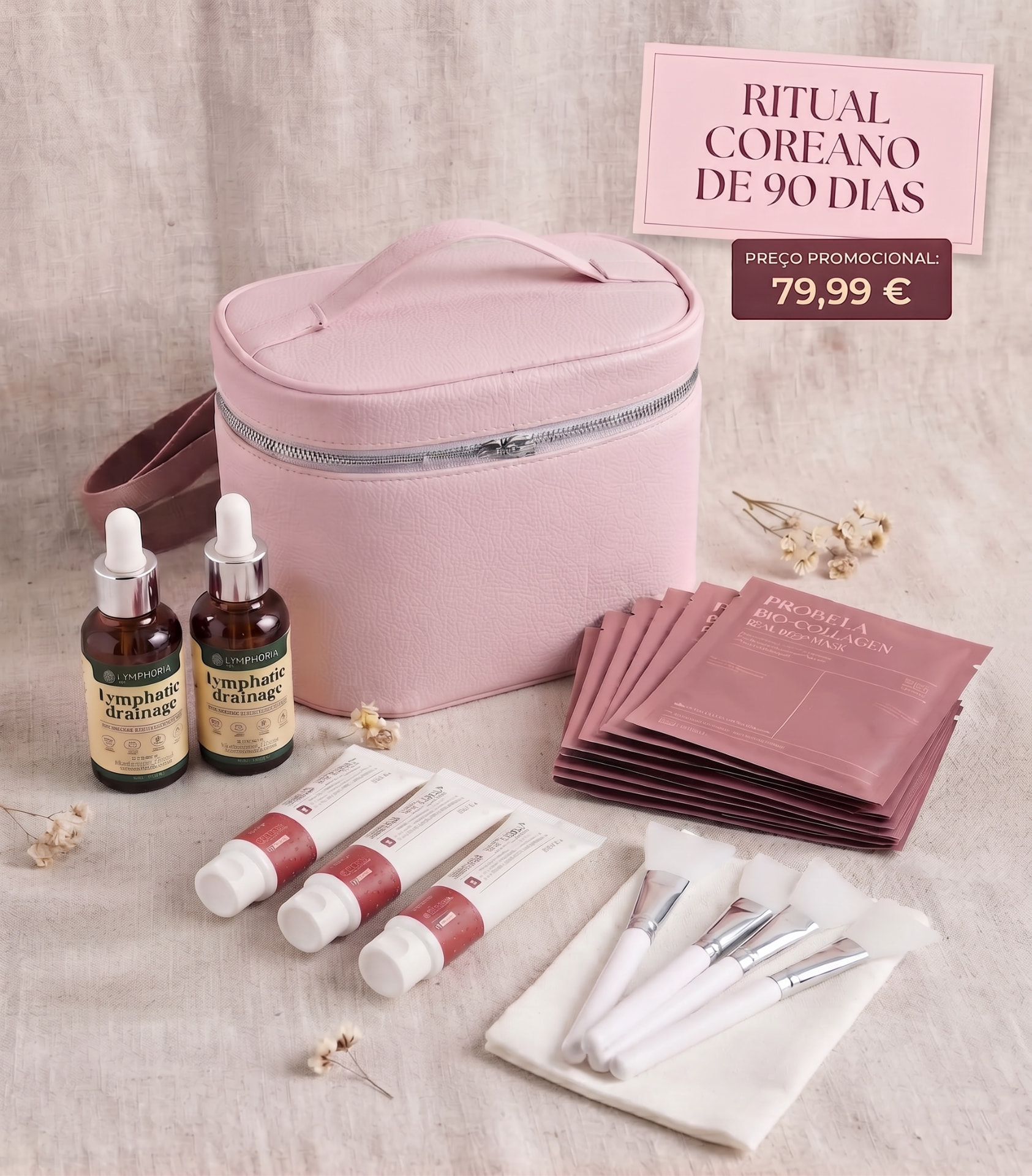 Ritual Coreano de 90 Dias PROBELA com bolsa, máscaras, drenagem linfática e pincéis