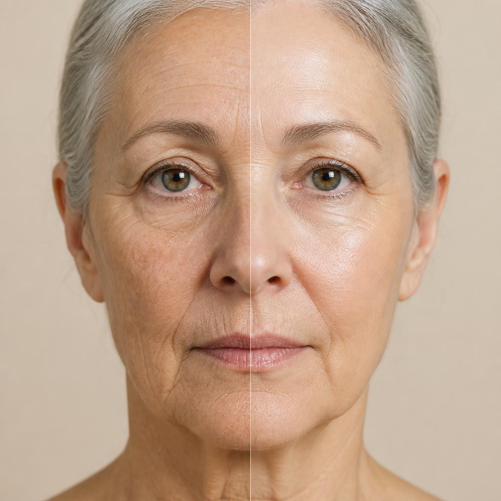 Rosto de mulher de 70 anos dividido ao meio: antes com rugas profundas e tom irregular, depois com pele firme, hidratada e luminosa após usar a PROBELA Real Collagen Fit Mask